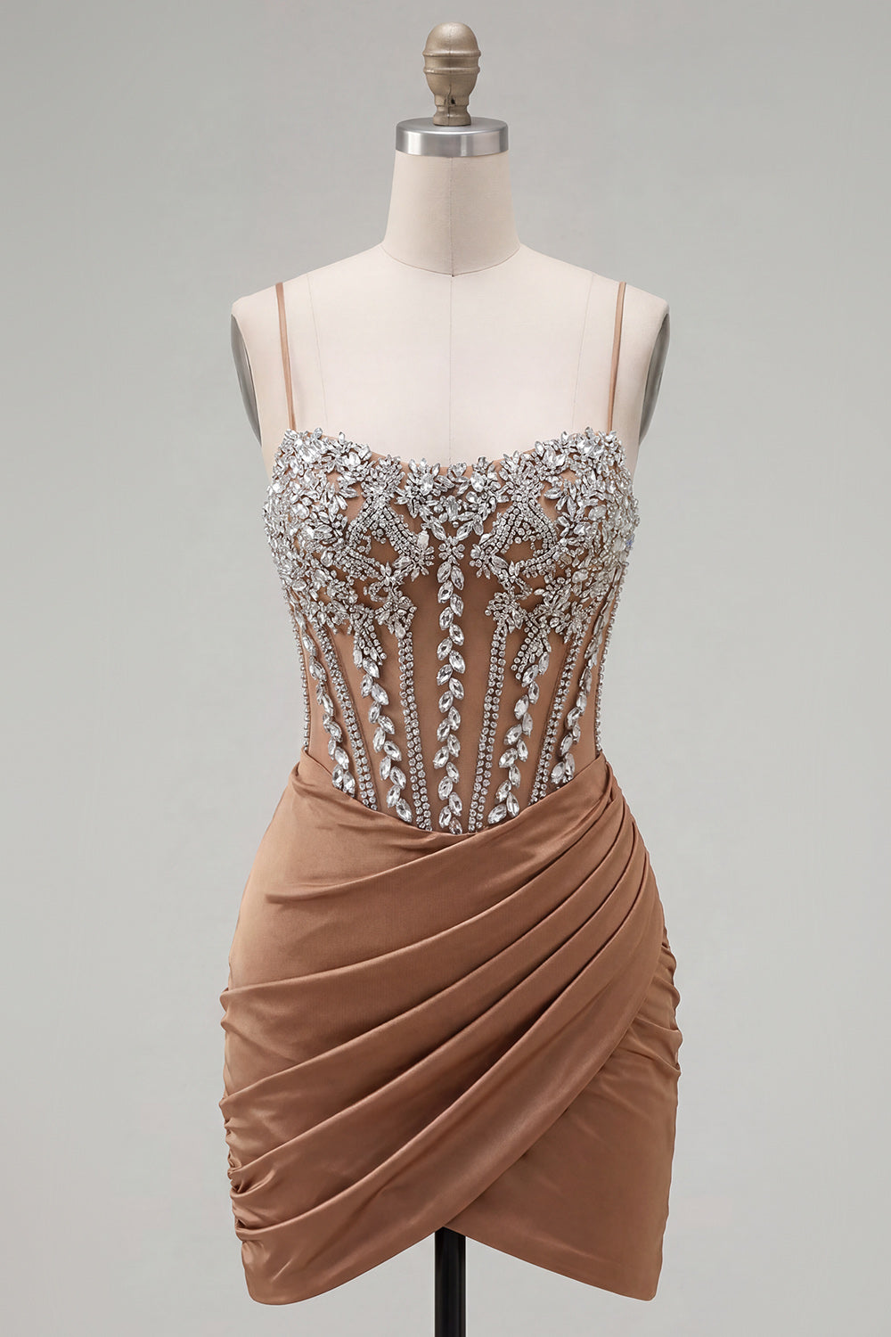 Sparkly Khaki Ruched Tight Short Corset Homecoming Dress with Rhinestones