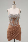 Sparkly Khaki Ruched Tight Short Corset Homecoming Dress with Rhinestones