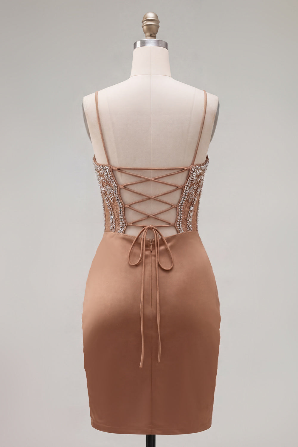Sparkly Khaki Ruched Tight Short Corset Homecoming Dress with Rhinestones