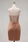 Sparkly Khaki Ruched Tight Short Corset Homecoming Dress with Rhinestones