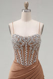 Sparkly Khaki Ruched Tight Short Corset Homecoming Dress with Rhinestones