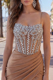 Sparkly Khaki Ruched Tight Short Corset Homecoming Dress with Rhinestones