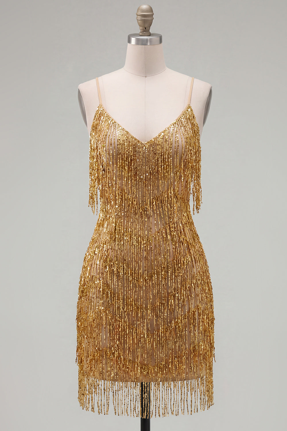 Golden Sparkly Short Tight Homecoming Dress with Fringes