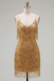 Golden Sparkly Short Tight Homecoming Dress with Fringes