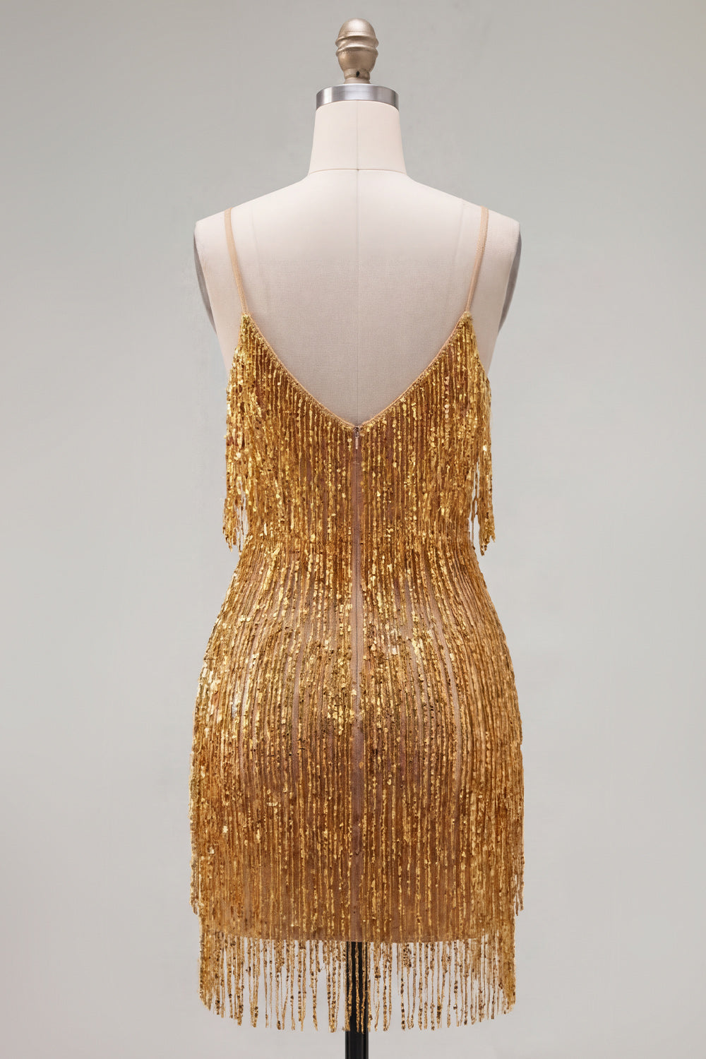 Golden Sparkly Short Tight Homecoming Dress with Fringes
