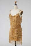 Golden Sparkly Short Tight Homecoming Dress with Fringes