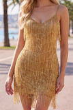 Golden Sparkly Short Tight Homecoming Dress with Fringes