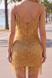 Golden Sparkly Short Tight Homecoming Dress with Fringes
