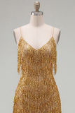 Golden Sparkly Short Tight Homecoming Dress with Fringes