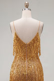 Golden Sparkly Short Tight Homecoming Dress with Fringes