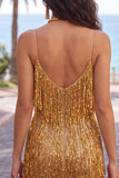 Golden Sparkly Short Tight Homecoming Dress with Fringes