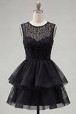 Sparkly Yellow A-Line Illusion Neck Beaded Tiered Short Homecoming Dress