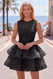 Sparkly Yellow A-Line Illusion Neck Beaded Tiered Short Homecoming Dress