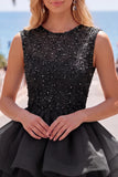 Sparkly Yellow A-Line Illusion Neck Beaded Tiered Short Homecoming Dress