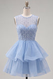 Sparkly Yellow A-Line Illusion Neck Beaded Tiered Short Homecoming Dress