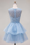 Sparkly Yellow A-Line Illusion Neck Beaded Tiered Short Homecoming Dress