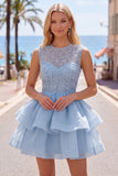 Sparkly Yellow A-Line Illusion Neck Beaded Tiered Short Homecoming Dress