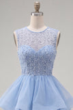 Sparkly Yellow A-Line Illusion Neck Beaded Tiered Short Homecoming Dress