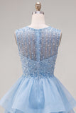 Sparkly Yellow A-Line Illusion Neck Beaded Tiered Short Homecoming Dress