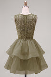 Sparkly Yellow A-Line Illusion Neck Beaded Tiered Short Homecoming Dress