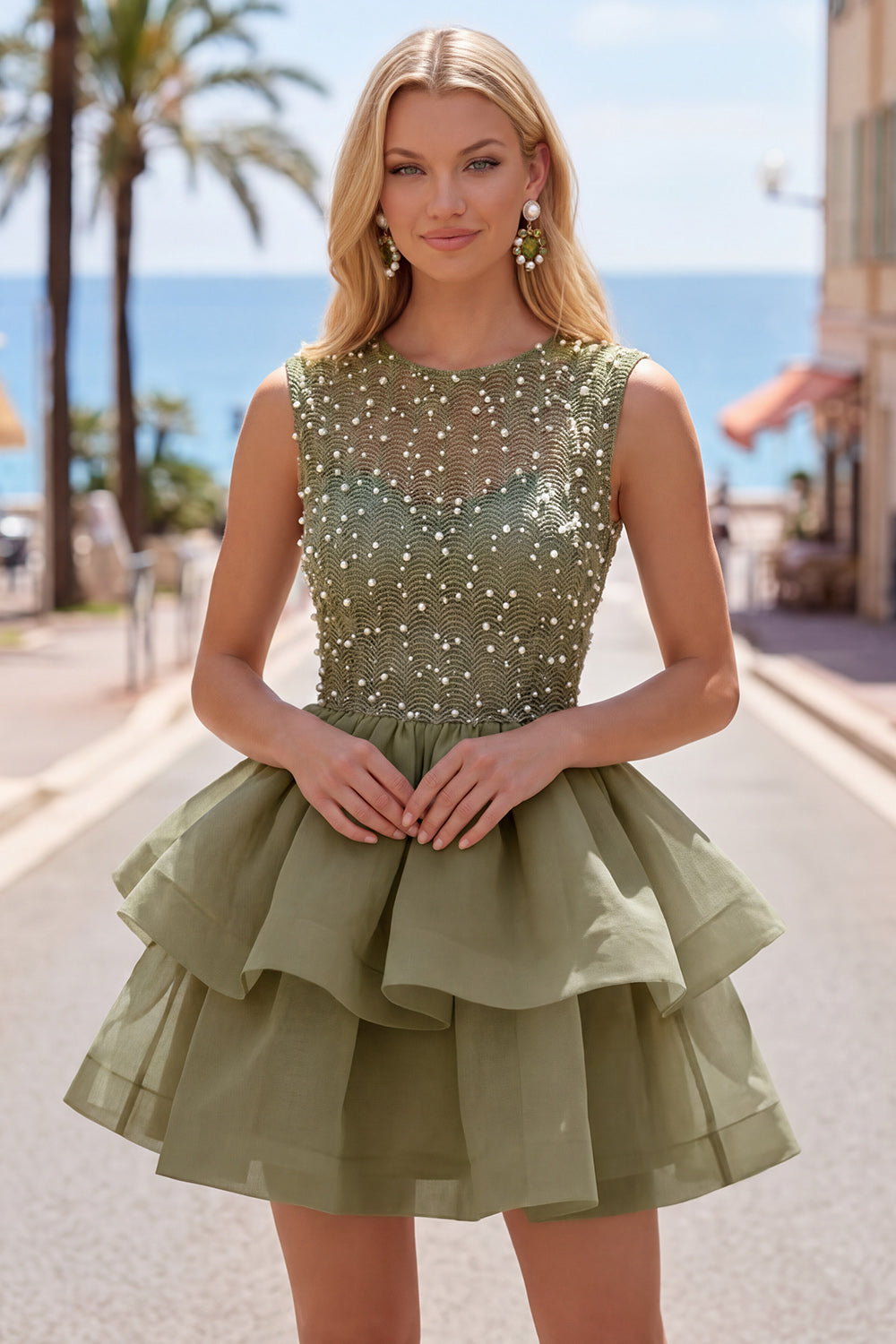 Sparkly Yellow A-Line Illusion Neck Beaded Tiered Short Homecoming Dress