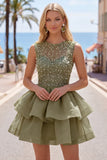 Sparkly Yellow A-Line Illusion Neck Beaded Tiered Short Homecoming Dress