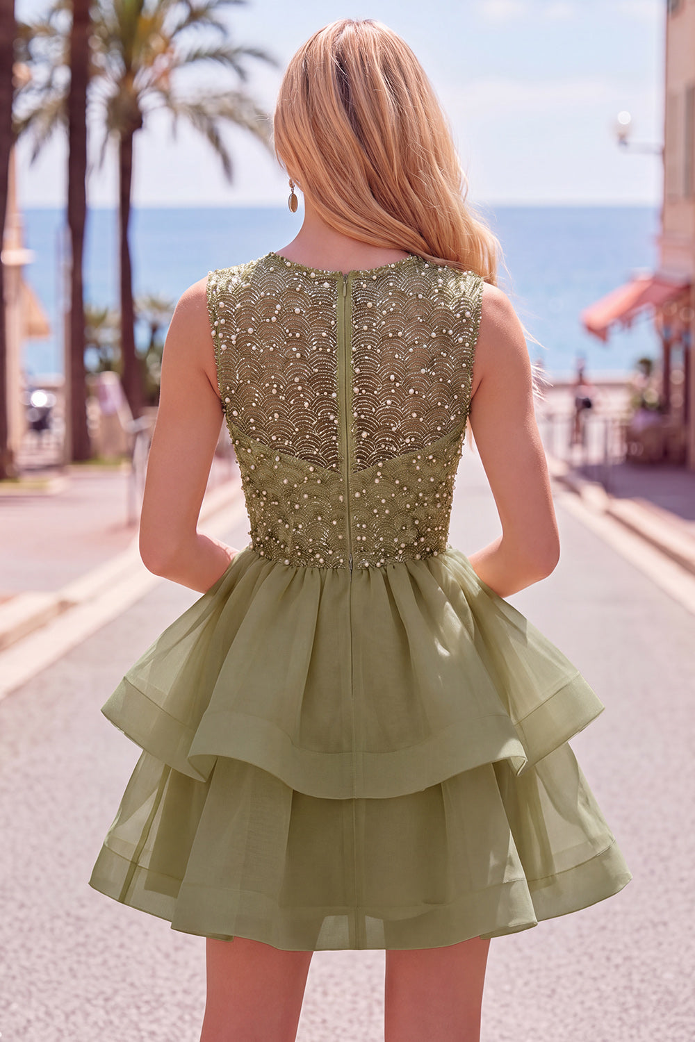 Sparkly Yellow A-Line Illusion Neck Beaded Tiered Short Homecoming Dress