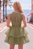 Sparkly Yellow A-Line Illusion Neck Beaded Tiered Short Homecoming Dress