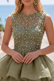 Sparkly Yellow A-Line Illusion Neck Beaded Tiered Short Homecoming Dress