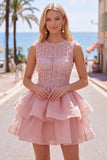 Sparkly Yellow A-Line Illusion Neck Beaded Tiered Short Homecoming Dress