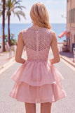 Sparkly Yellow A-Line Illusion Neck Beaded Tiered Short Homecoming Dress