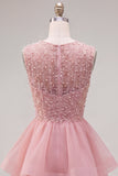 Sparkly Yellow A-Line Illusion Neck Beaded Tiered Short Homecoming Dress