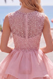 Sparkly Yellow A-Line Illusion Neck Beaded Tiered Short Homecoming Dress