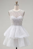Sparkly Yellow A-Line Illusion Neck Beaded Tiered Short Homecoming Dress