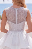 Sparkly Yellow A-Line Illusion Neck Beaded Tiered Short Homecoming Dress