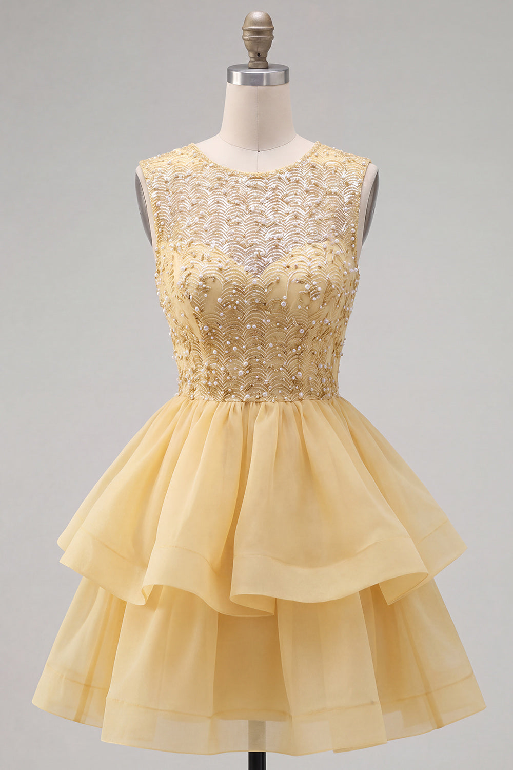 Sparkly Yellow A-Line Illusion Neck Beaded Tiered Short Homecoming Dress