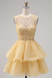 Sparkly Yellow A-Line Illusion Neck Beaded Tiered Short Homecoming Dress