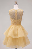 Sparkly Yellow A-Line Illusion Neck Beaded Tiered Short Homecoming Dress