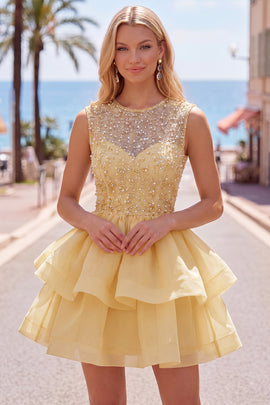 Sparkly Yellow A-Line Illusion Neck Beaded Tiered Short Homecoming Dress