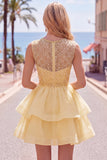 Sparkly Yellow A-Line Illusion Neck Beaded Tiered Short Homecoming Dress