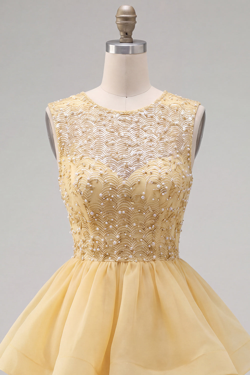 Sparkly Yellow A-Line Illusion Neck Beaded Tiered Short Homecoming Dress