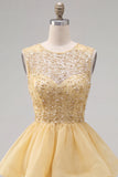 Sparkly Yellow A-Line Illusion Neck Beaded Tiered Short Homecoming Dress