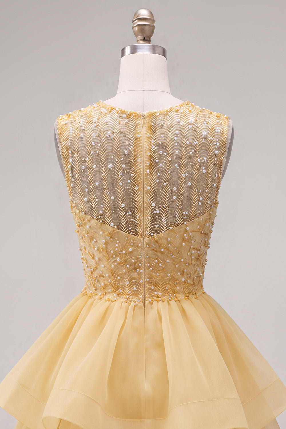 Sparkly Yellow A-Line Illusion Neck Beaded Tiered Short Homecoming Dress