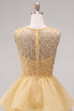 Sparkly Yellow A-Line Illusion Neck Beaded Tiered Short Homecoming Dress