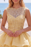 Sparkly Yellow A-Line Illusion Neck Beaded Tiered Short Homecoming Dress