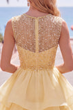 Sparkly Yellow A-Line Illusion Neck Beaded Tiered Short Homecoming Dress