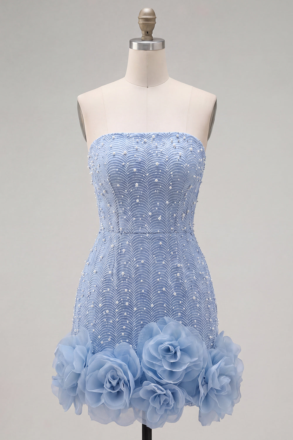 Sparkly Blue Beaded Strapless Short Tight Homecoming Dress with 3D Flowers