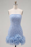 Sparkly Blue Beaded Strapless Short Tight Homecoming Dress with 3D Flowers