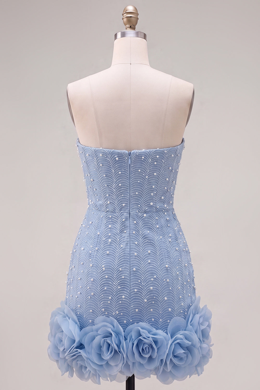 Sparkly Blue Beaded Strapless Short Tight Homecoming Dress with 3D Flowers