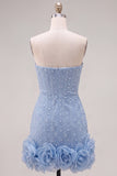 Sparkly Blue Beaded Strapless Short Tight Homecoming Dress with 3D Flowers